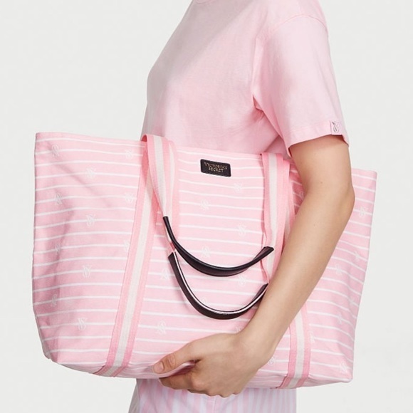 Victoria's Secret Handbags - NWT VS Pink and White Striped Large Tote Bag Zippered Closure